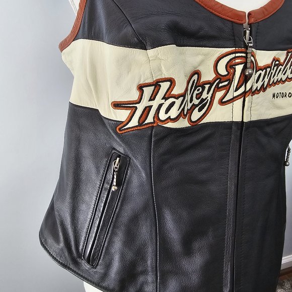 HARLEY DAVIDSON black VEST motorcycle GENUINE LEATHER pockets ZIPPER biker ORANG - Picture 4 of 15